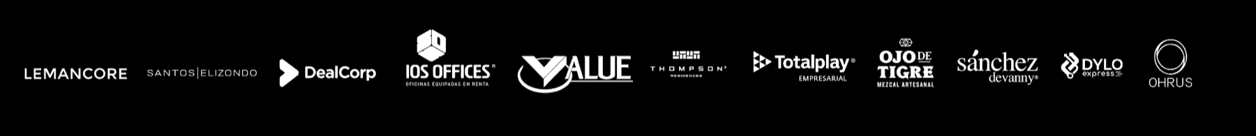 Clientes: Lemancore, Santos Elizondo, DealCorp, IOS Offices, Value, Thompson, Totalplay, Ojo de Tigre, Sánchez Devanny, DYLO, Ohrus